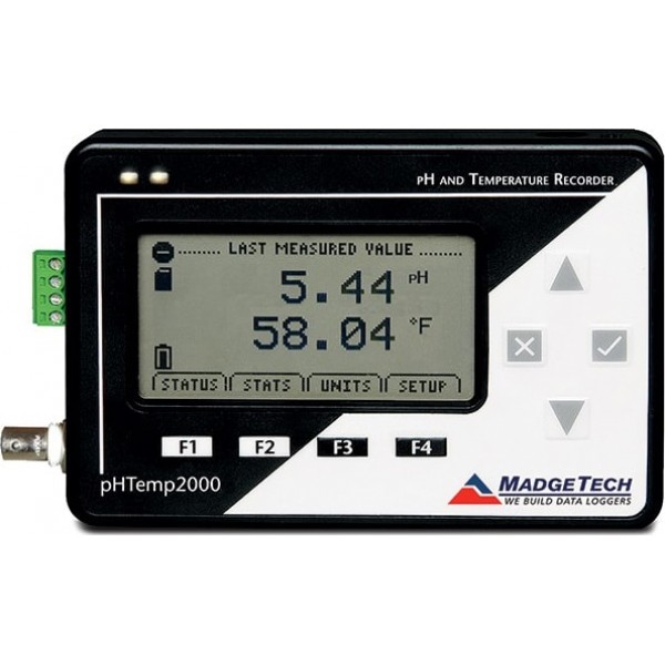 Madgetech pHTemp2000 Registrador de datos de pH y temperatura con pantalla LCD y adaptador de corriente universal de pared